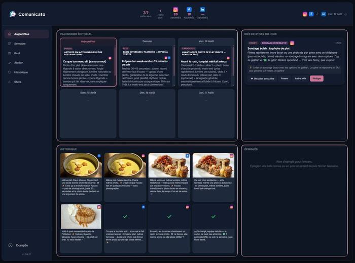 Tableau de bord Comunicato — calendrier éditorial et suggestions du jour